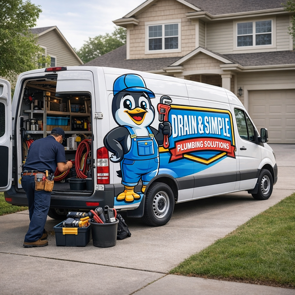 Robert from Drain & Simple preparing plumbing tools at the branded service van in a residential driveway
